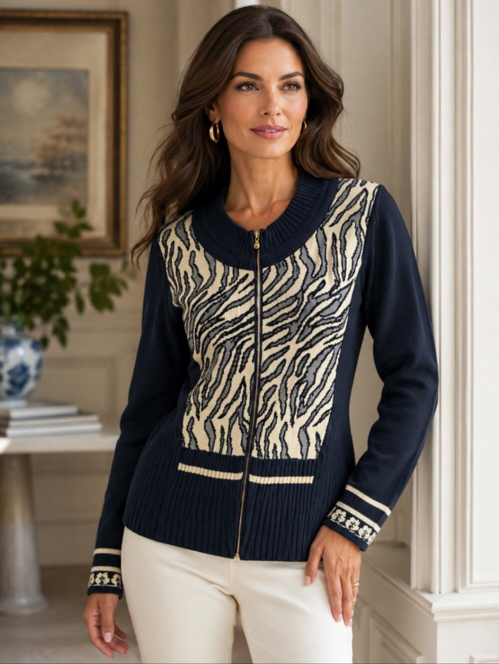 Skovhuus Zip Cardigan Fine Gauge Knit Black/ Cream Pattern Old Money Chic Sz S